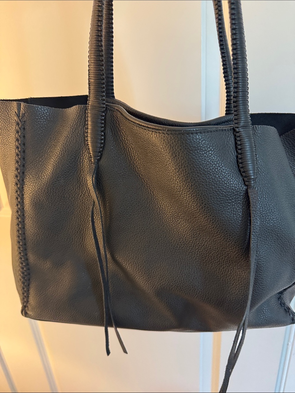 Women's Black Pebbled Tote Bag with Braided Handles - Picture 3 of 4